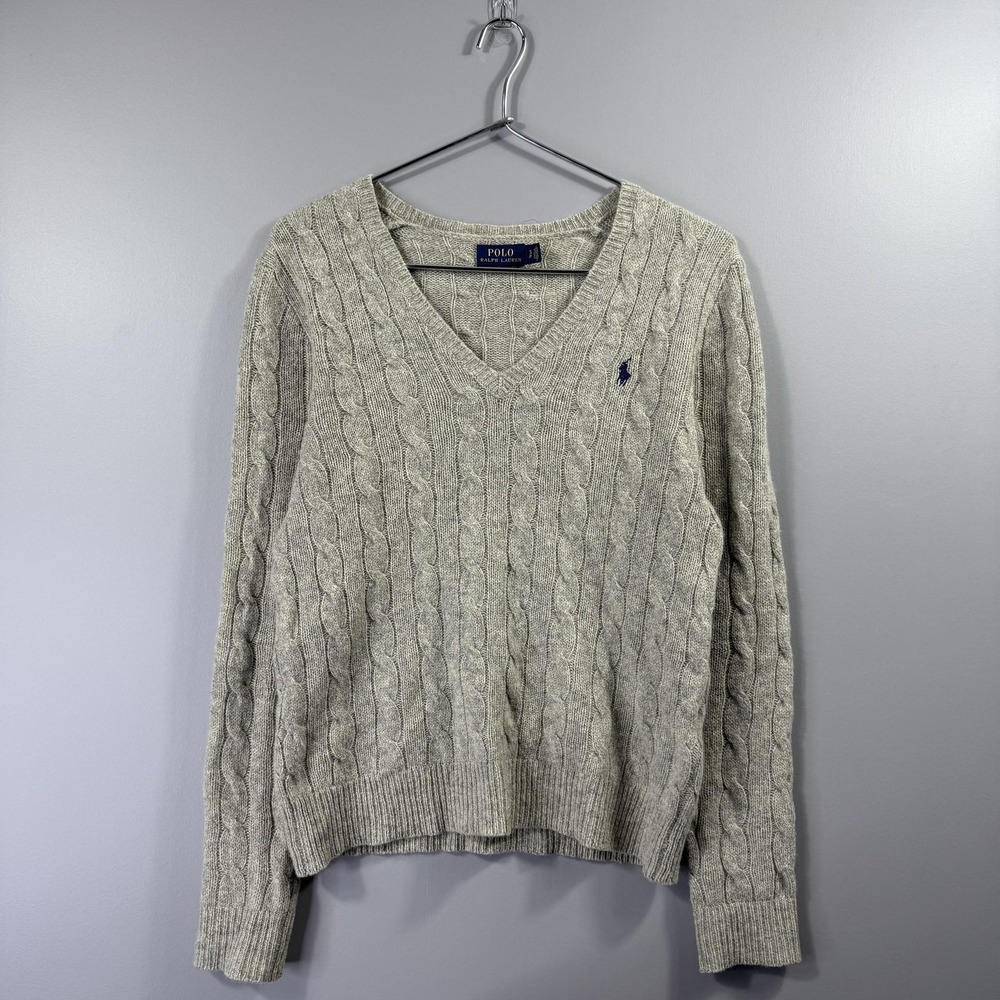 Polo Ralph Lauren Sweater Womens Small Gray Wool Cable Knit V Neck Pullover